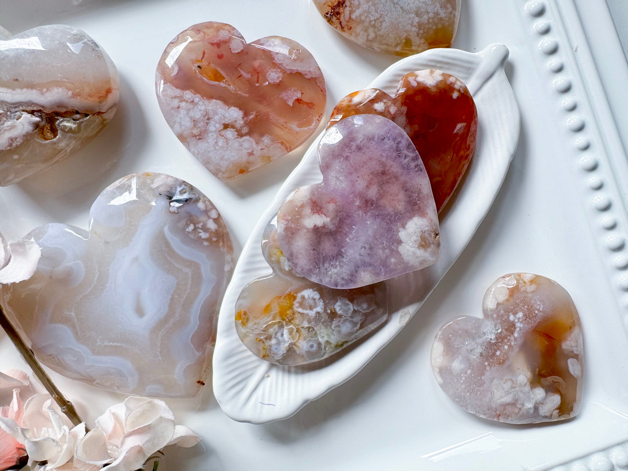 Flower Agate Flat Heart Carving