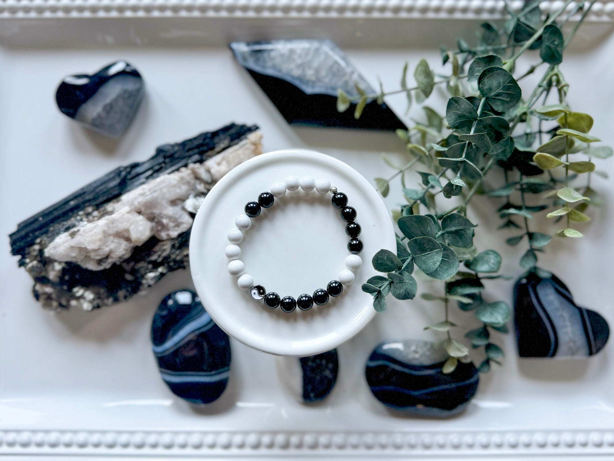 Balance & Harmony || Howlite & Black Tourmaline Yin Yang Beaded Bracelet || Reiki Infused