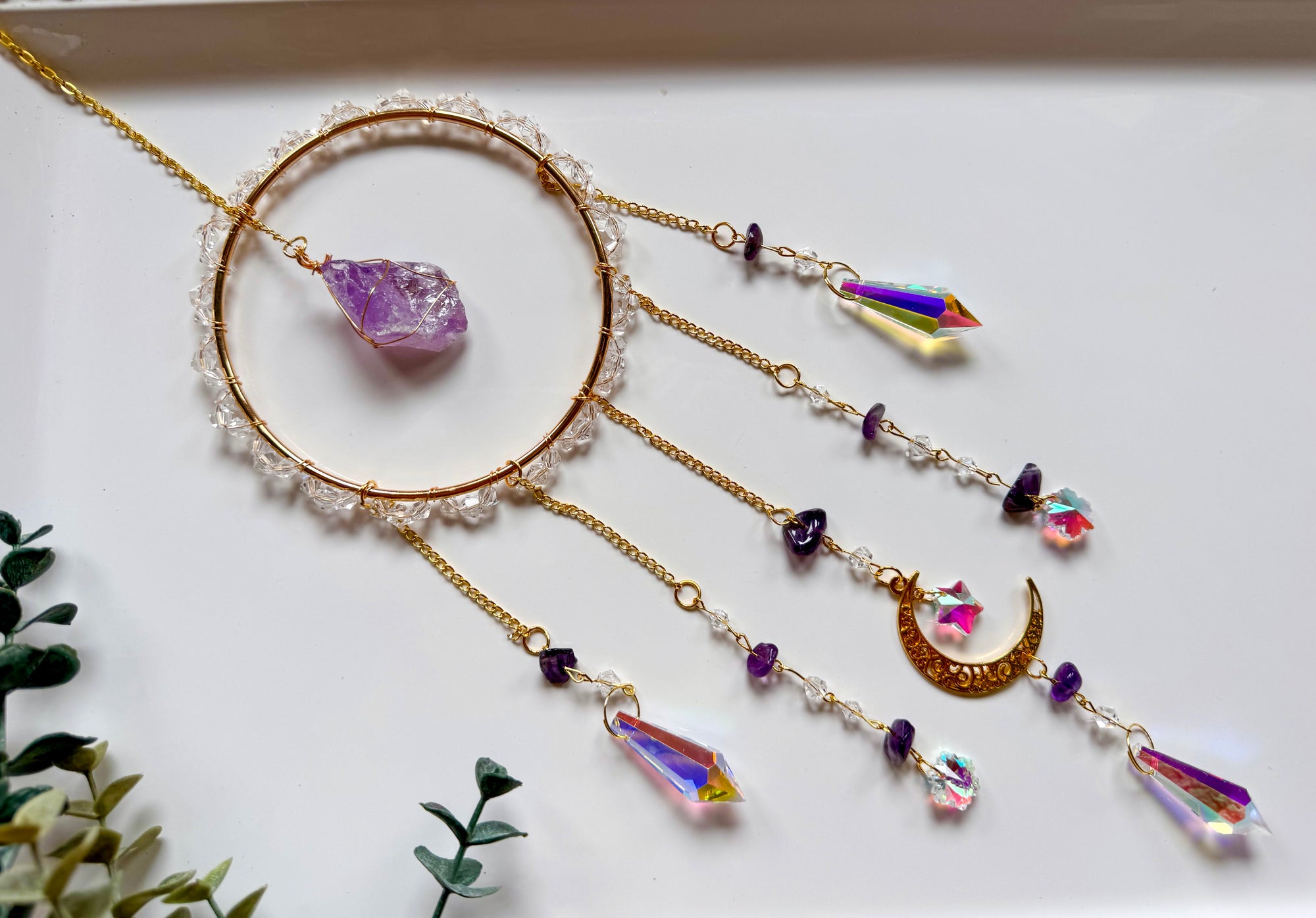 Amethyst Celestial Rainbow Catcher Window Hanger || Gold