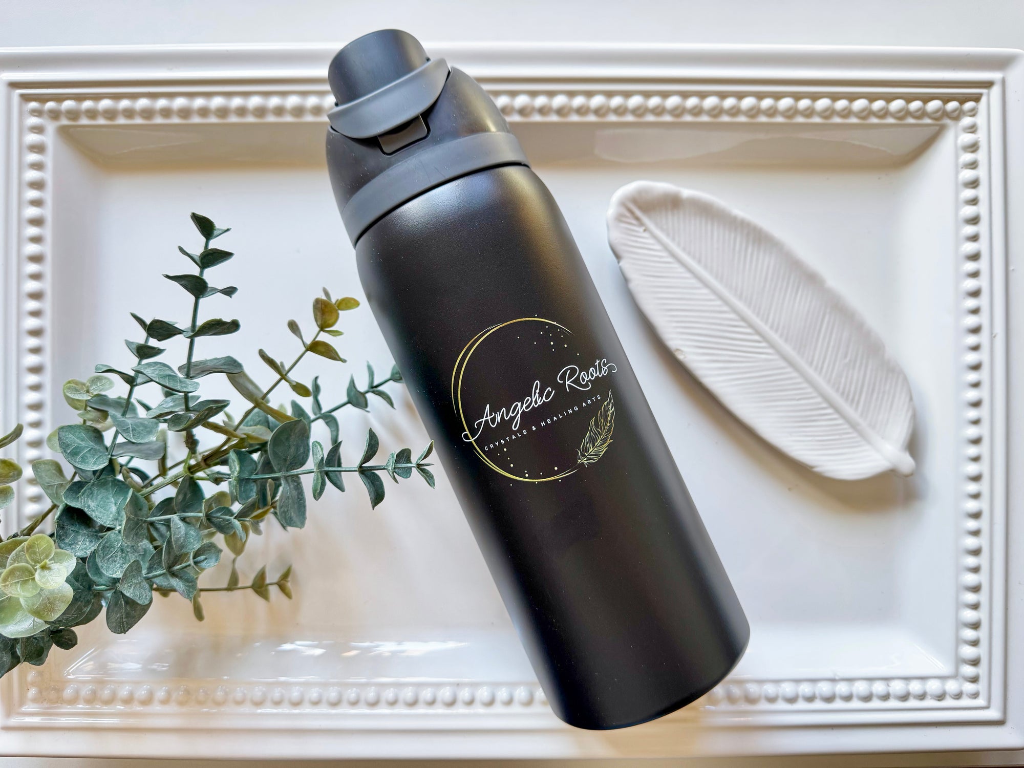 Angelic Roots Engraved Water Bottle || Black