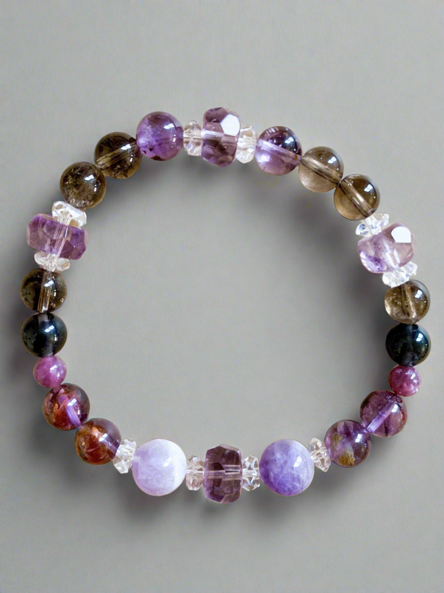 Super 7, Amethyst, Smoky Quartz, & Lepidolite Beaded Bracelet || Reiki Infused