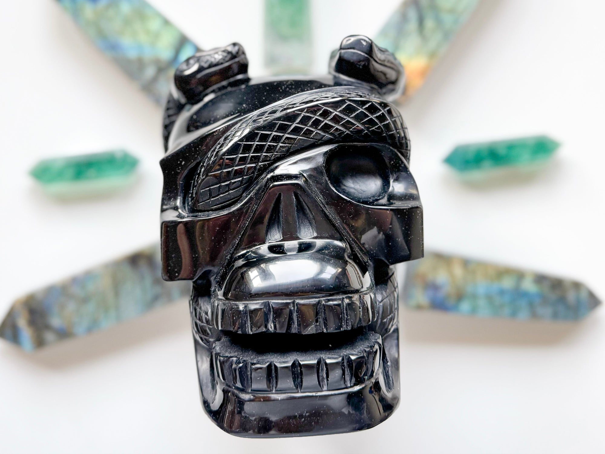 Black Obsidian Serpent Wrapped Skull