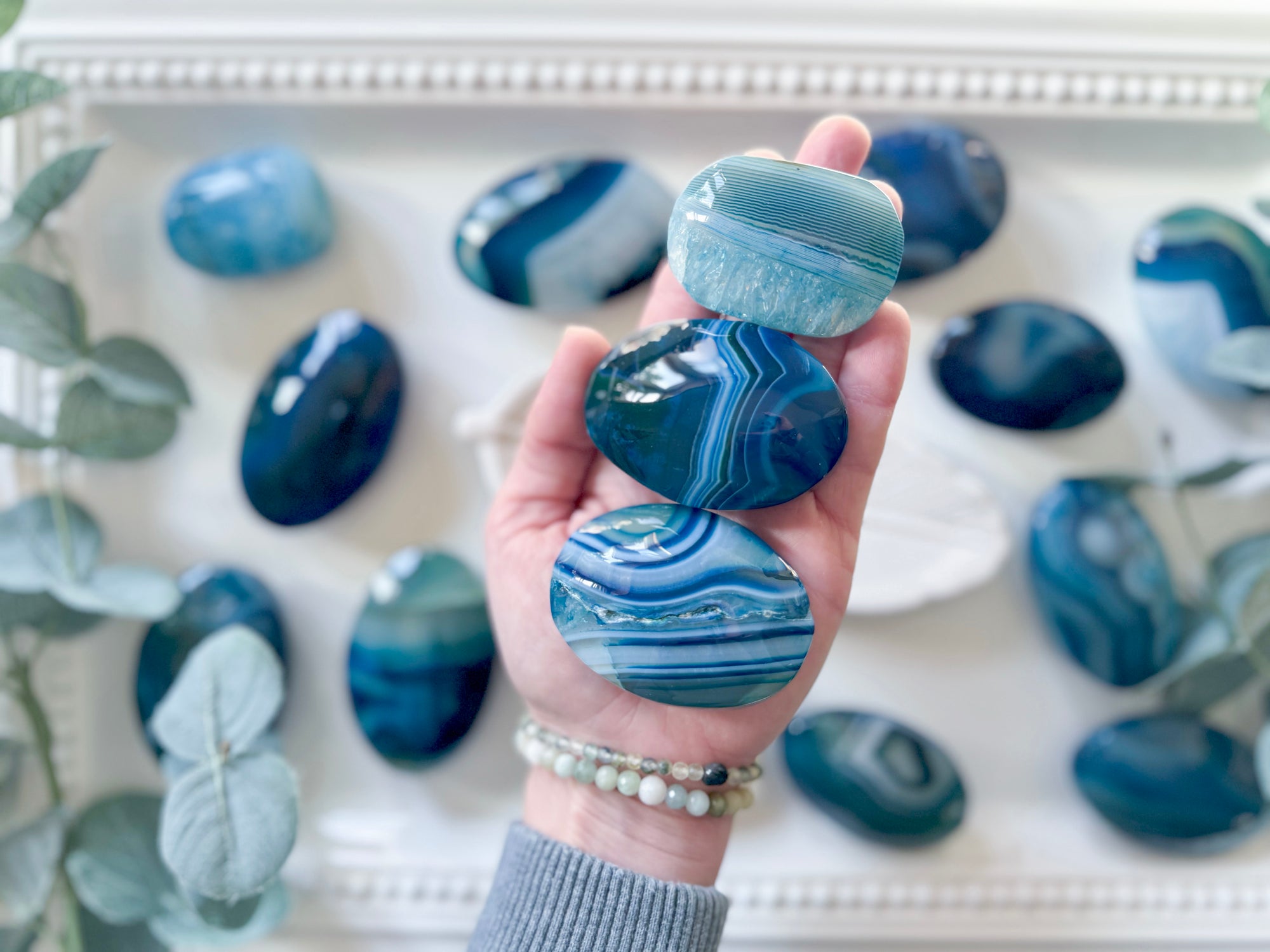 Blue Agate Palm Stone