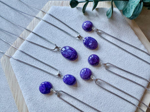 Charoite Round & Oval Drop Sterling Necklace