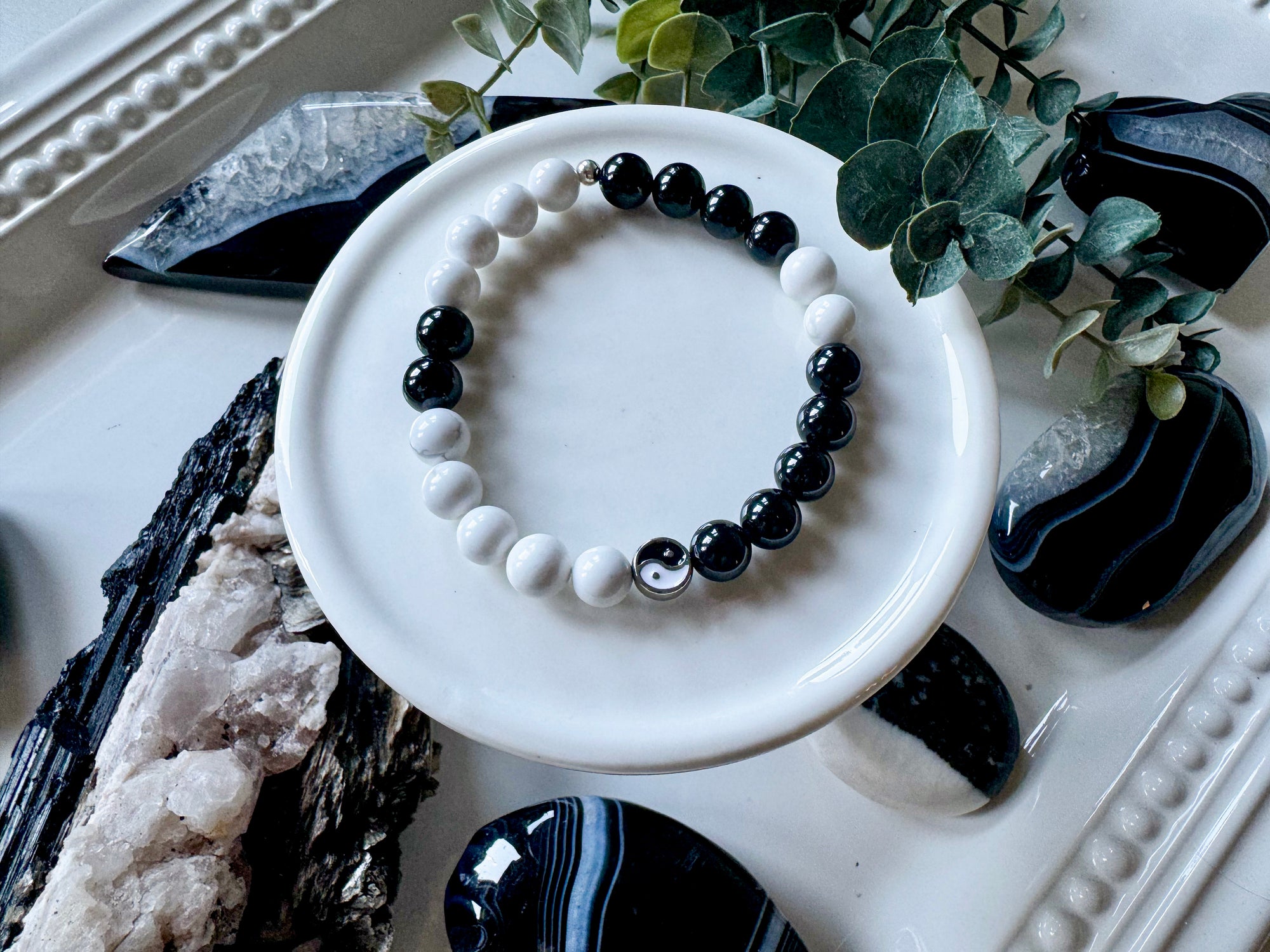 Balance & Harmony || Howlite & Black Tourmaline Yin Yang Beaded Bracelet || Reiki Infused