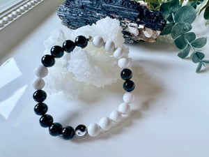 Balance & Harmony || Howlite & Black Tourmaline Yin Yang Beaded Bracelet || Reiki Infused