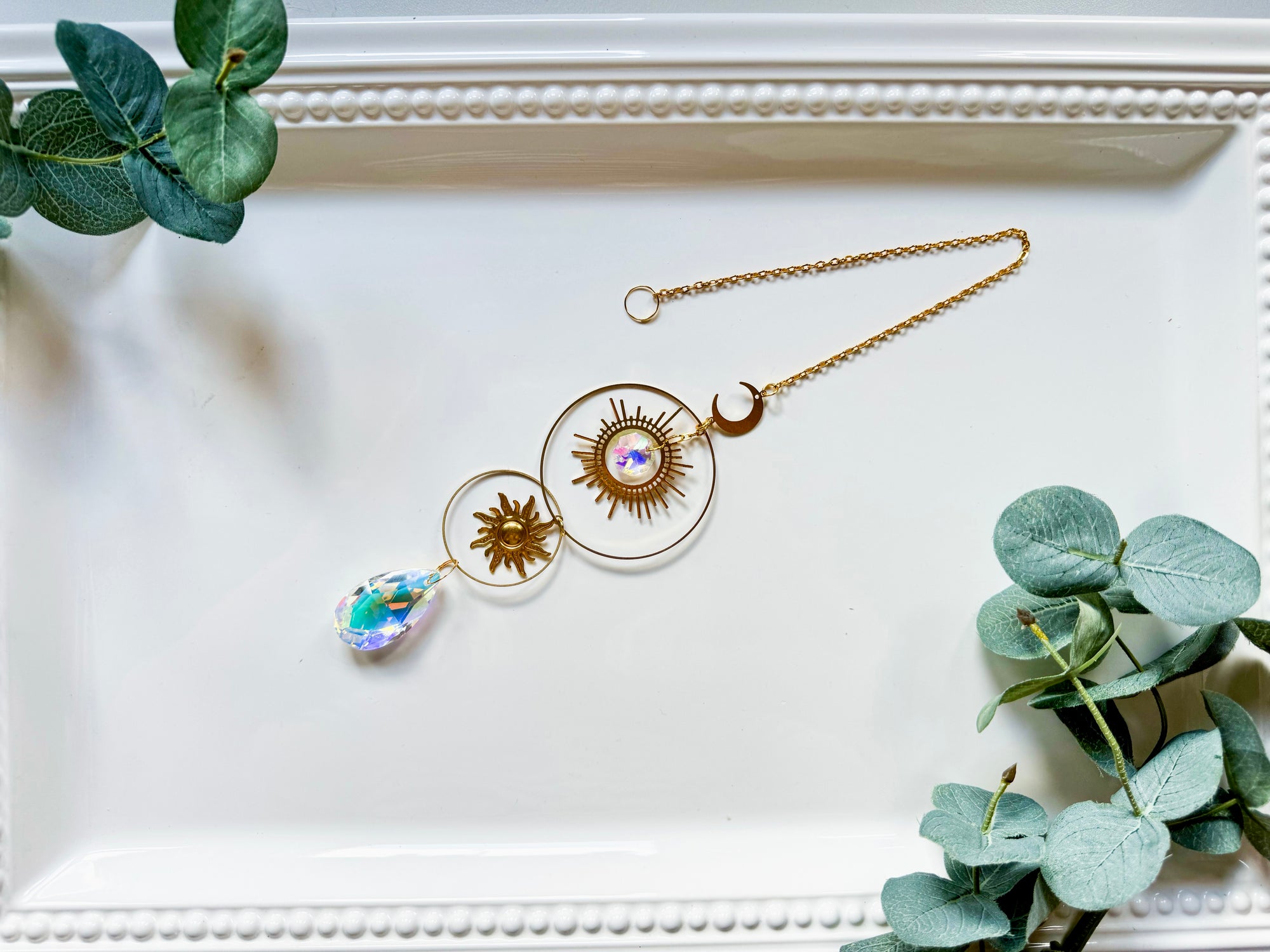 Sunbursts Double Hoop Rainbow Catcher Window Hanger || Gold