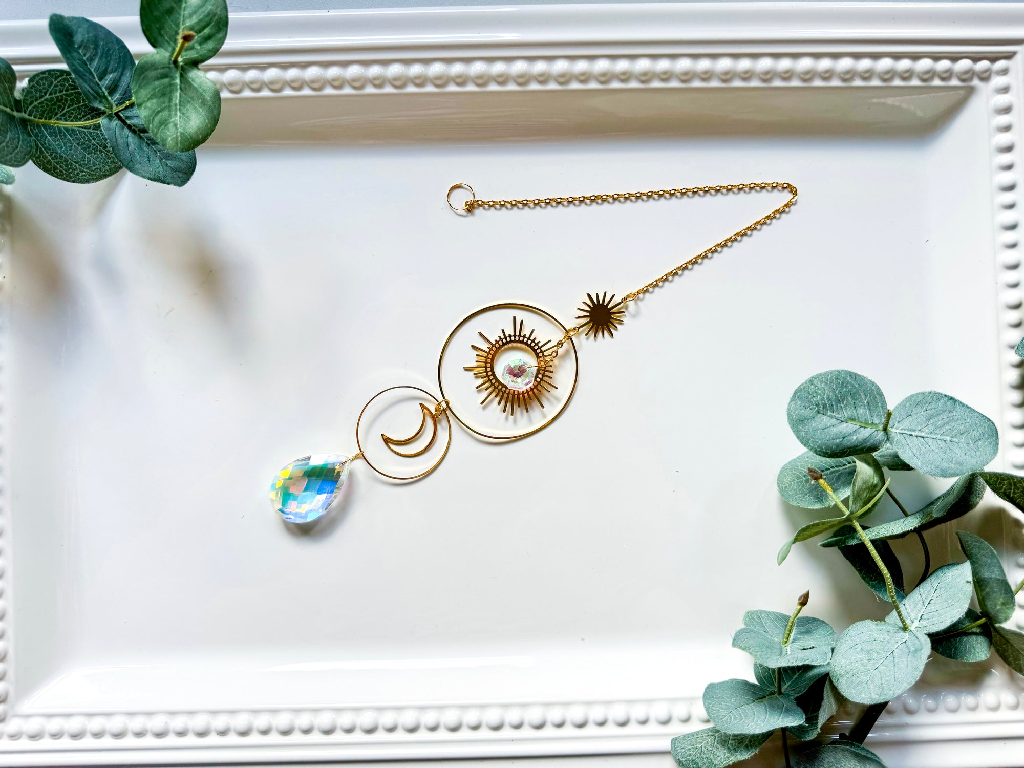 Sunbursts and Crescent Moon Double Hoop Rainbow Catcher Window Hanger || Gold