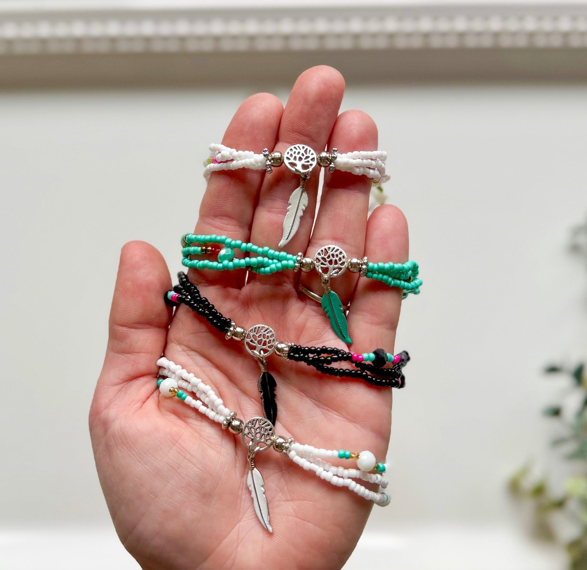 Crystal & Bead Anklet || Tree of Life Feather