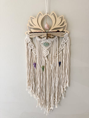 Wood Lotus Macrame Dreamcatcher with Shelf Attachment || Rose Quartz & Fluorite