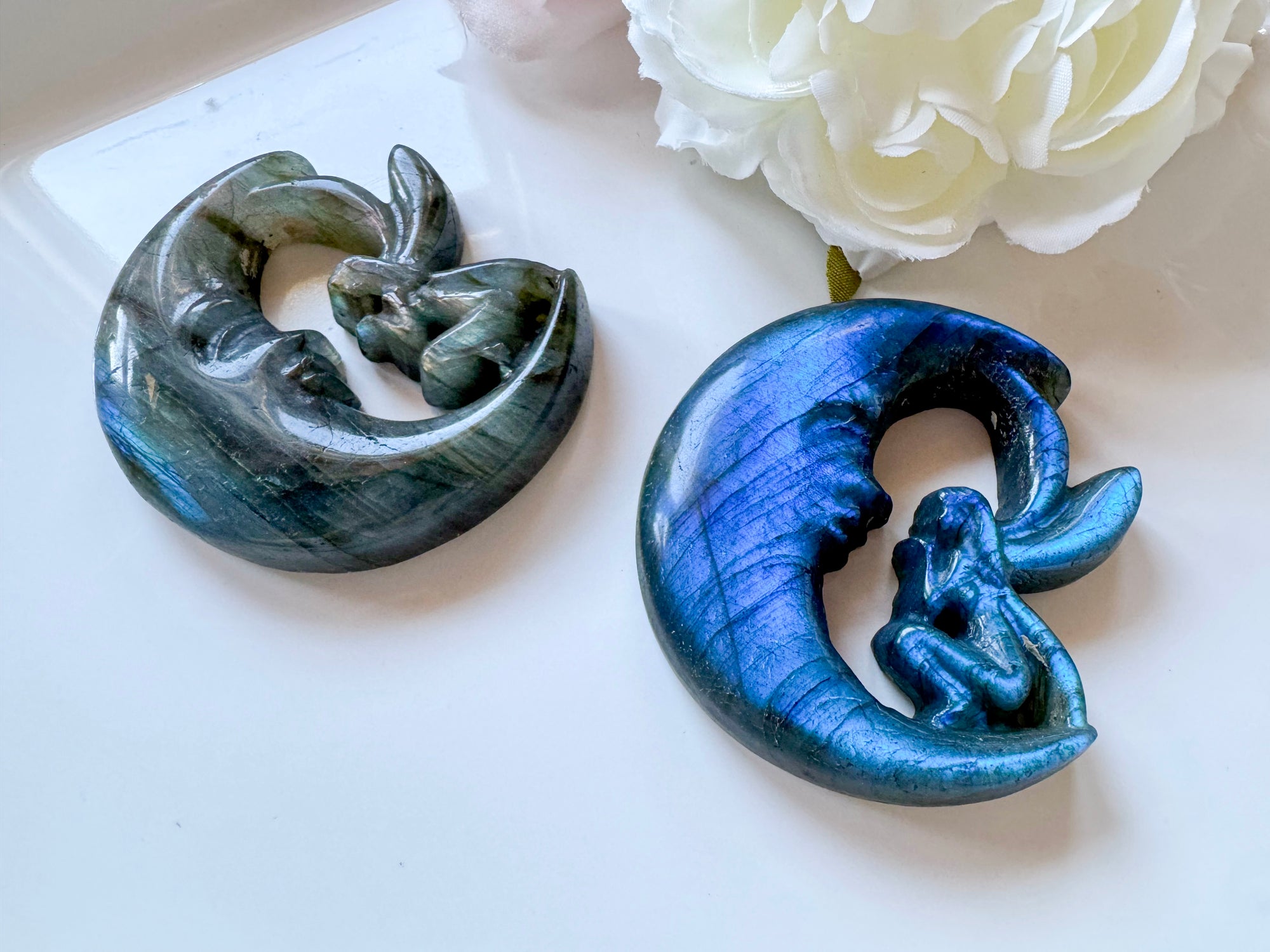 Labradorite Crescent Moon Fairy Carving