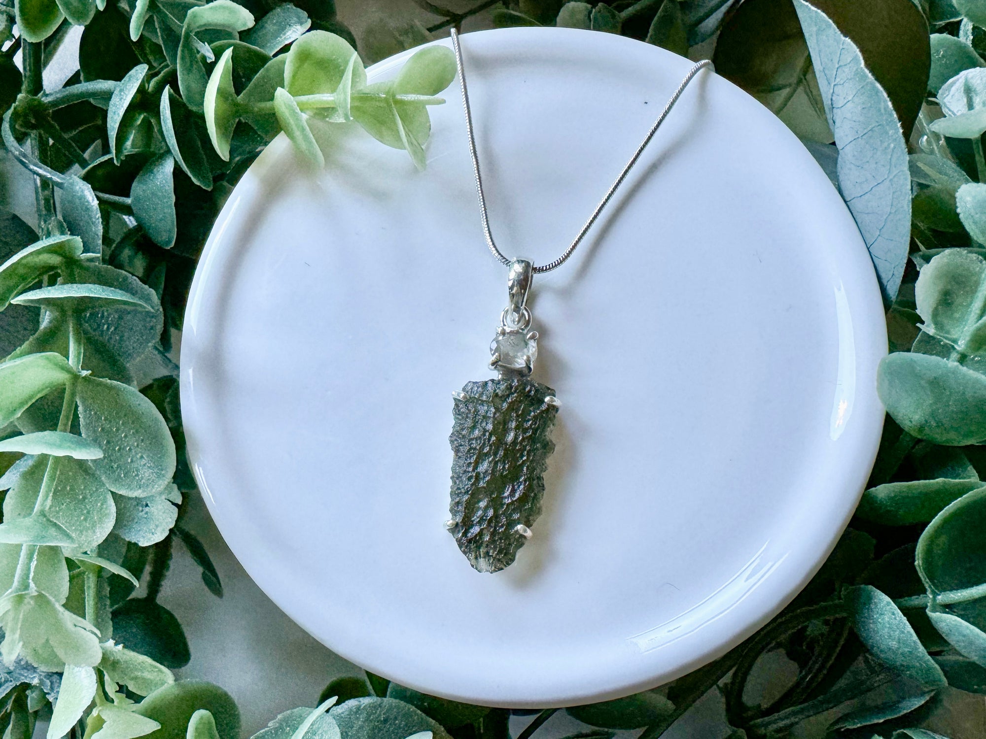 Moldavite & Faceted Libyan Desert Glass Sterling Silver Necklace