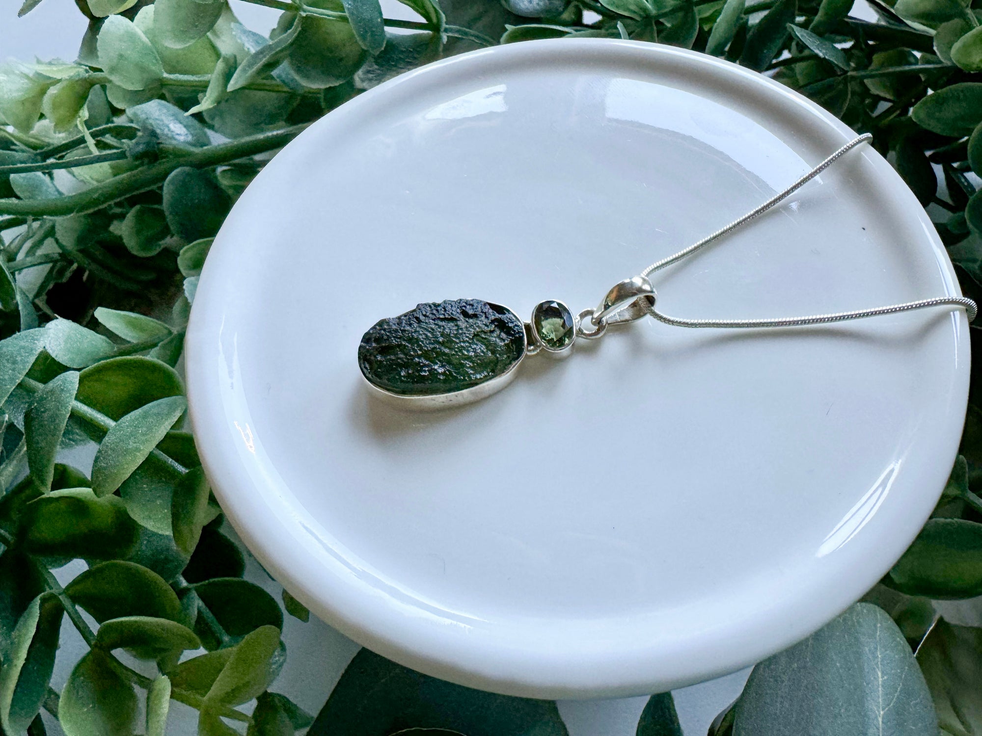 Moldavite & Faceted Moldavite Sterling Silver Necklace