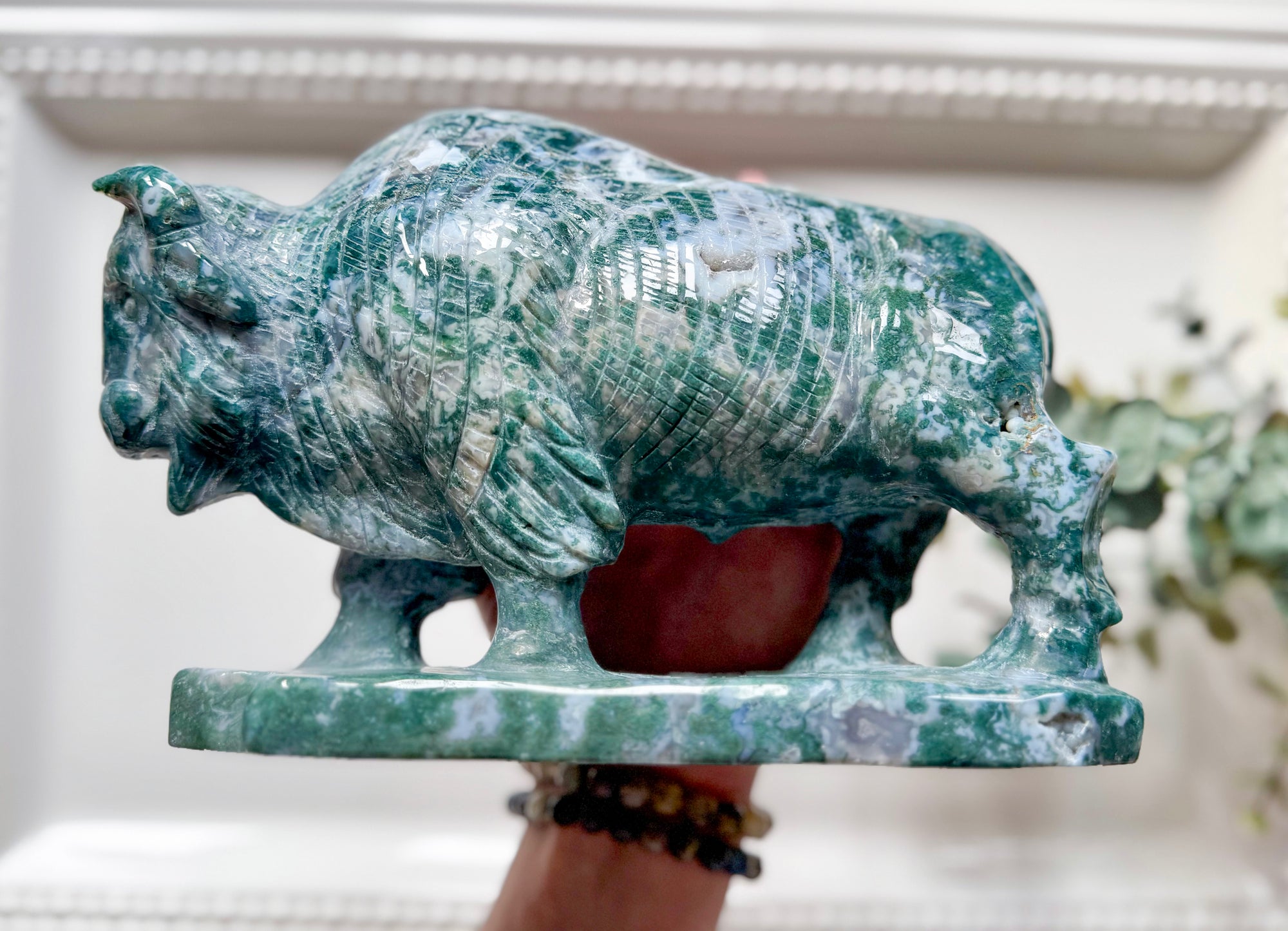 Moss Agate Yak Carving