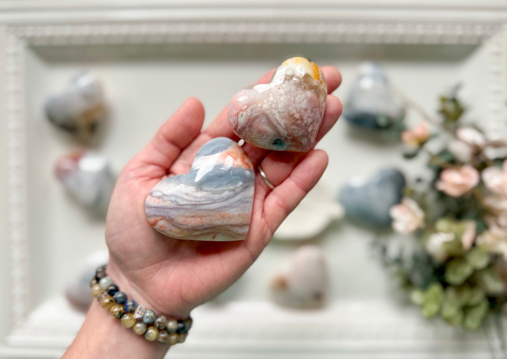 Pink Floating Flower Agate heart