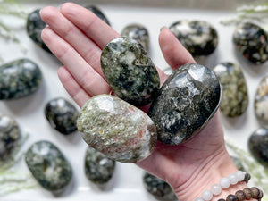 Polished Epidote in Quartz Palm Stone || Zambia