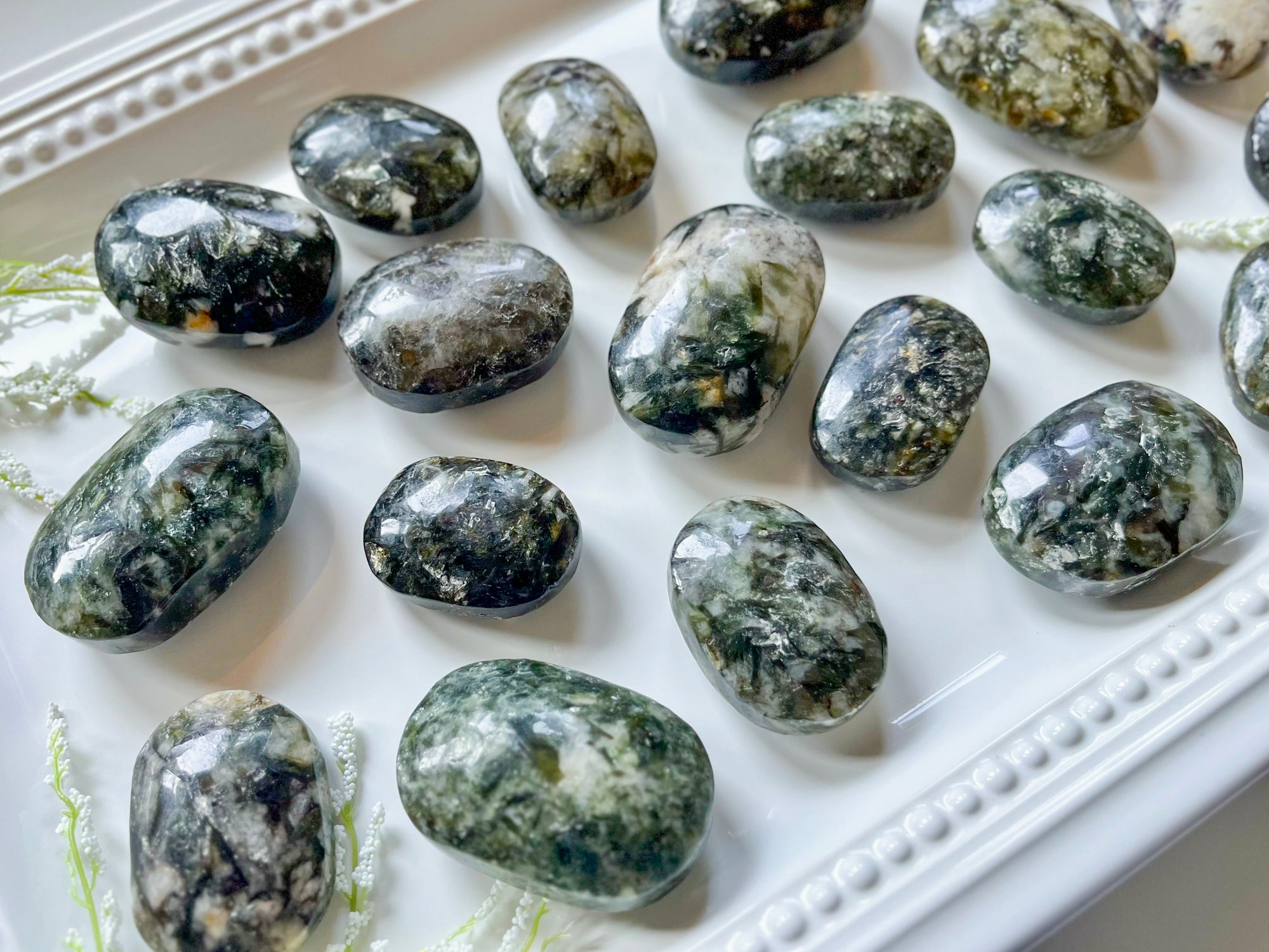 Polished Epidote in Quartz Palm Stone || Zambia