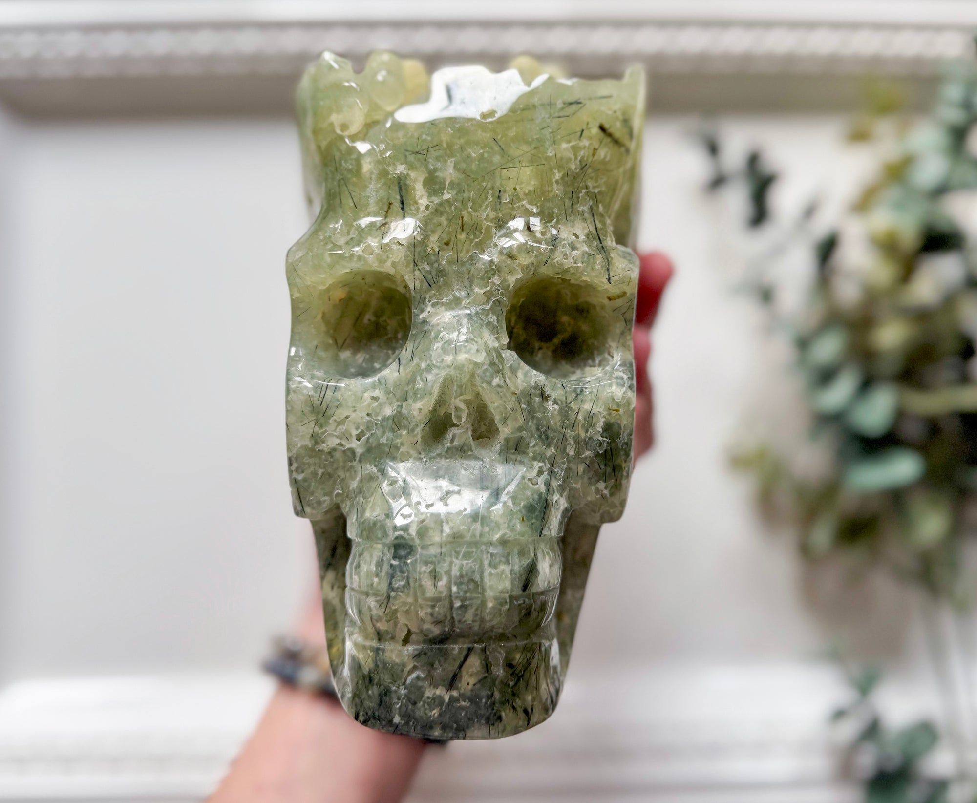 Prehnite Raw & Polished Skull