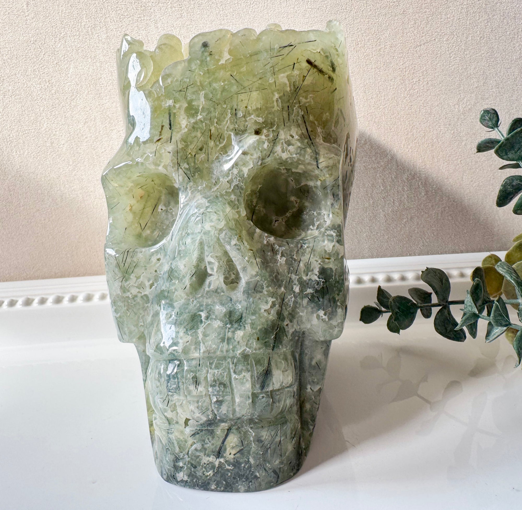 Prehnite Raw & Polished Skull