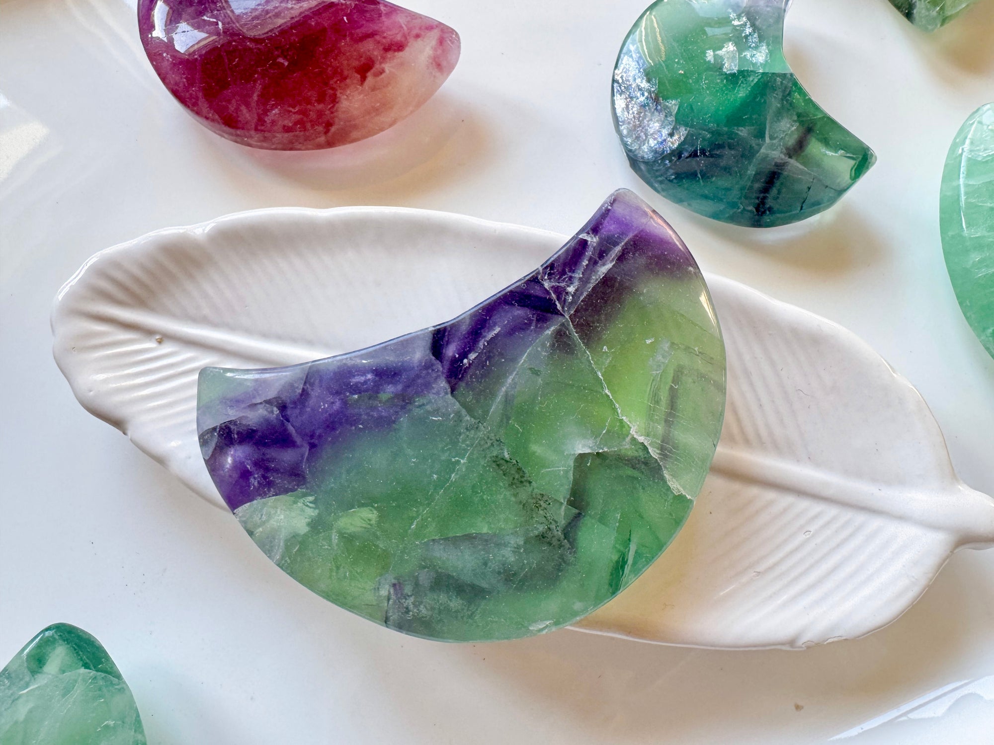 Rainbow Fluorite Puffy Crescent Moon Carving