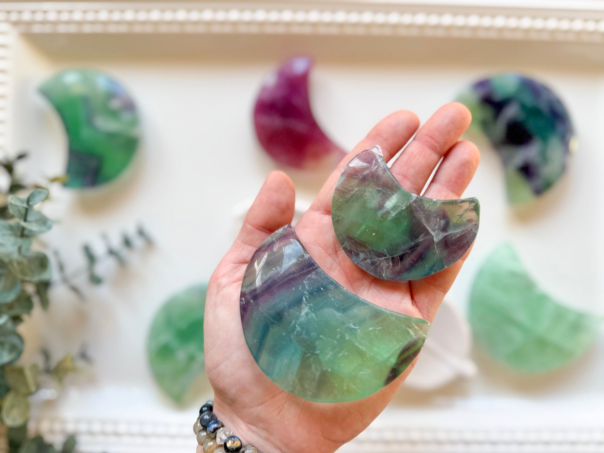 Rainbow Fluorite Puffy Crescent Moon Carving