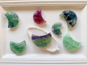 Rainbow Fluorite Puffy Crescent Moon Carving