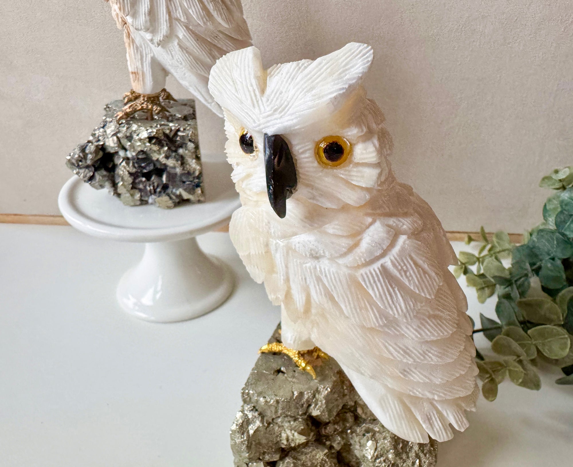 White Calcite Owl on Pyrite Base || Peru