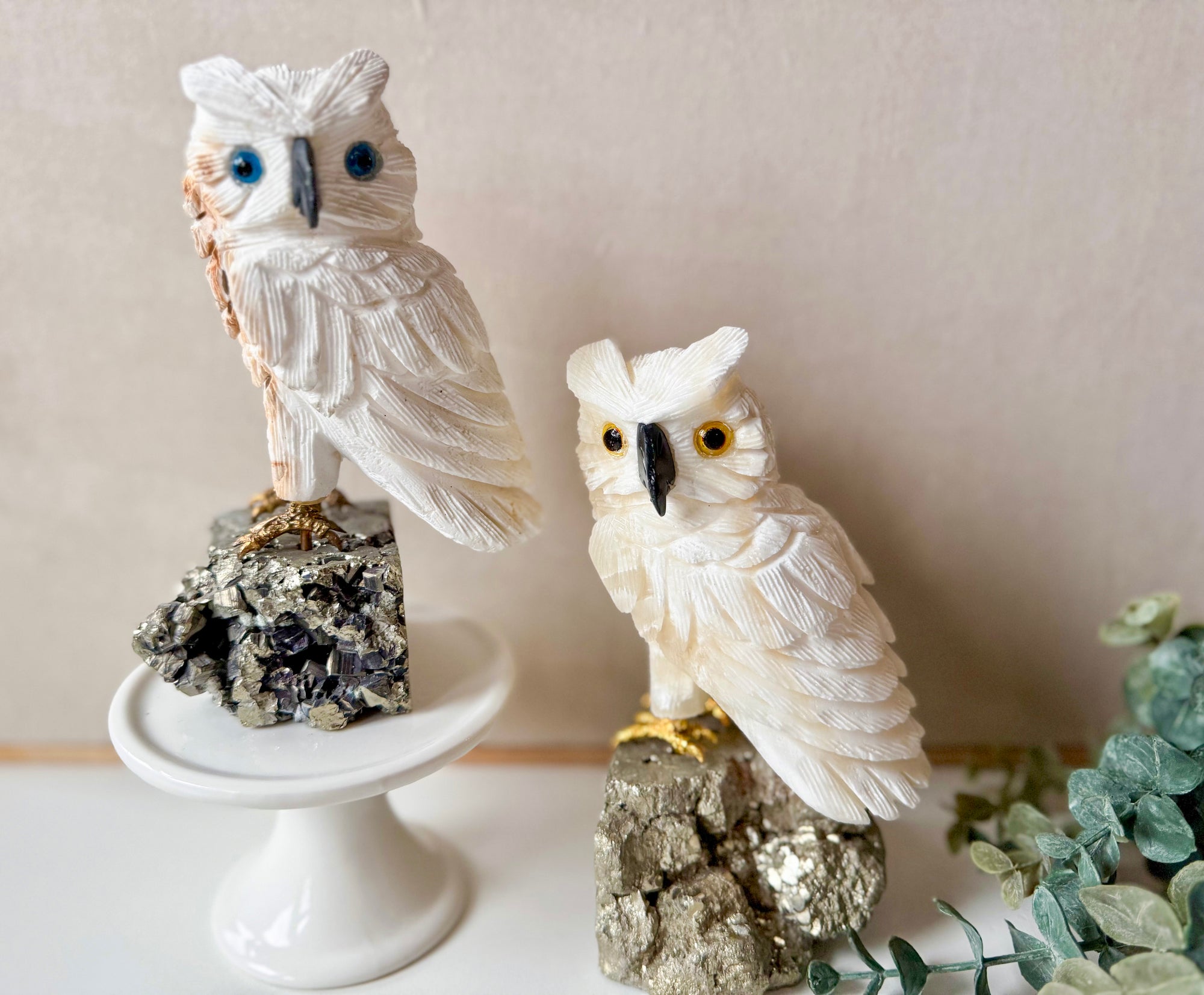 White Calcite Owl on Pyrite Base || Peru