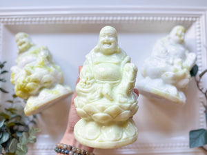 Xiuyan Jade Happy Buddha on Lotus Flower Carving