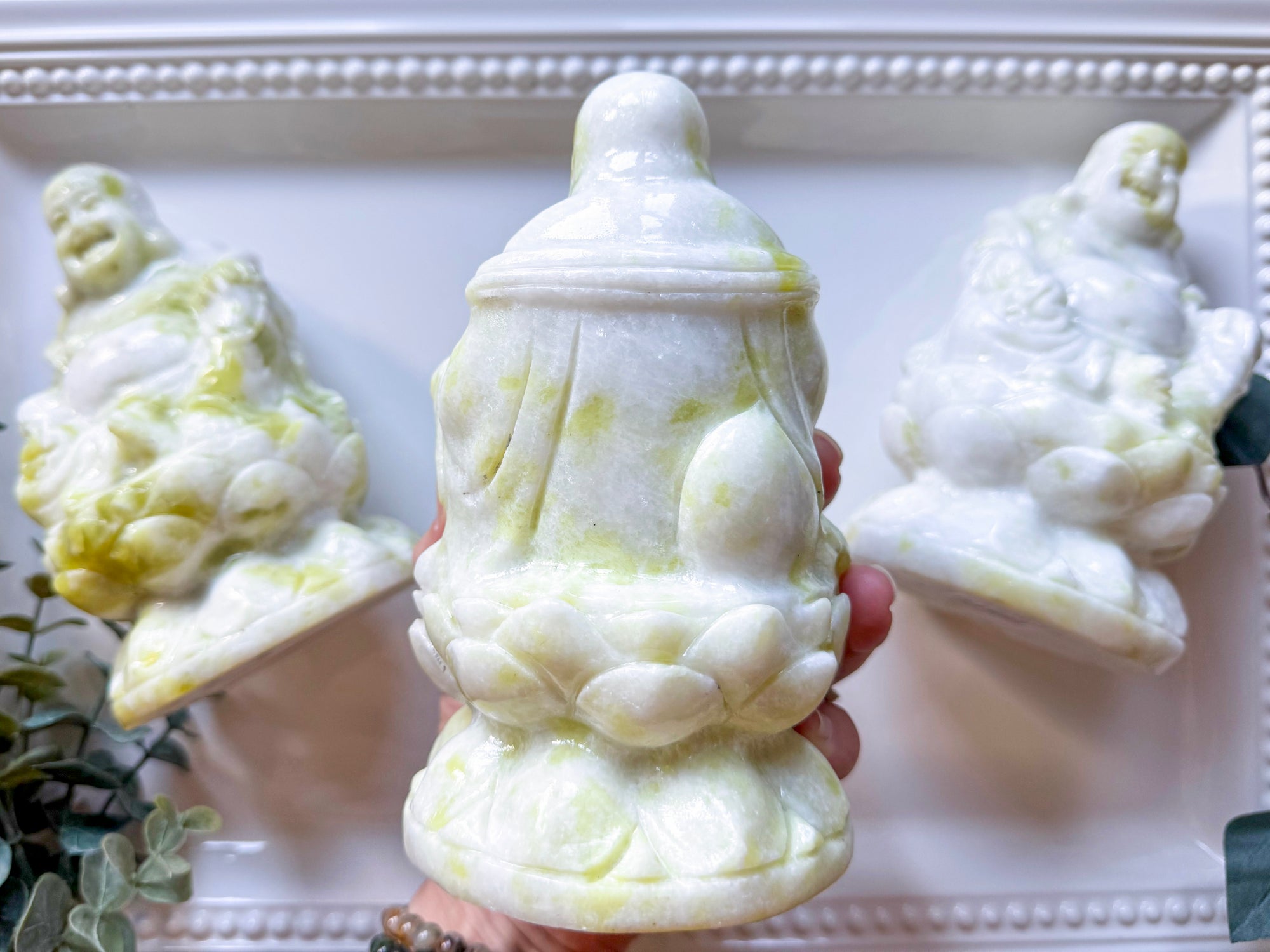 Xiuyan Jade Happy Buddha on Lotus Flower Carving