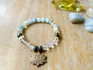 Clear Quartz, Citrine, Burmese Jade & Pyrite with Gold Lotus Charm Bracelet || Reiki Infused