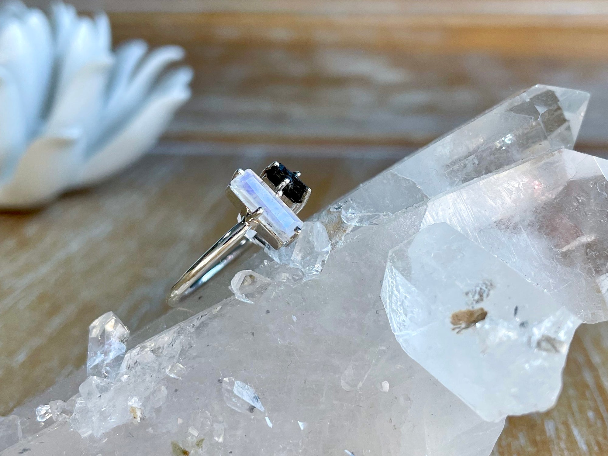 Moonstone & Tourmaline Adjustable Sterling Silver Ring