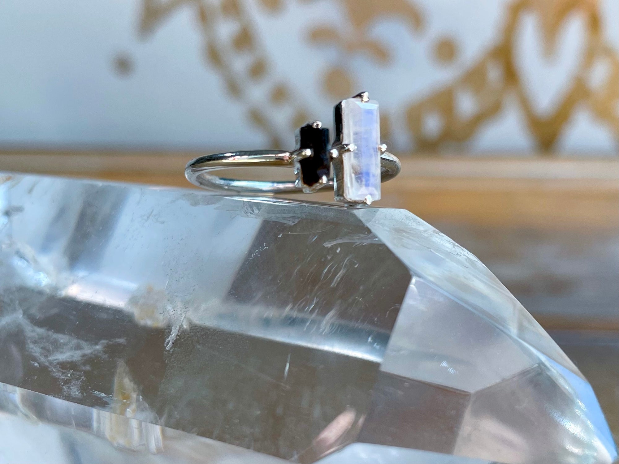 Moonstone & Tourmaline Adjustable Sterling Silver Ring