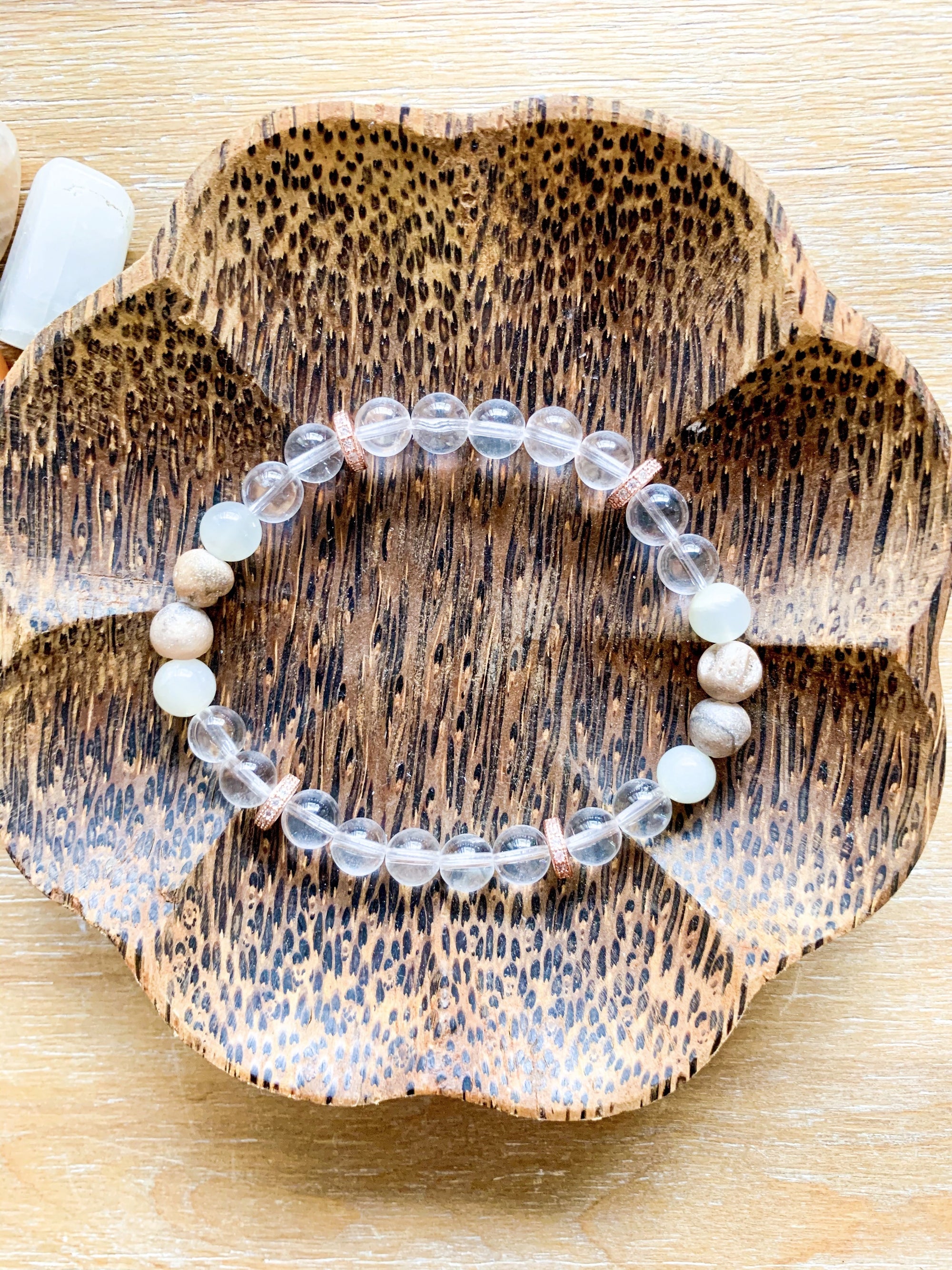 Moonstone, Druzy Quartz & Clear Quartz Beaded Bracelet || Reiki Infused