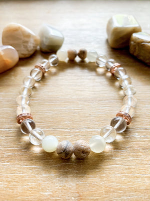 Moonstone, Druzy Quartz & Clear Quartz Beaded Bracelet || Reiki Infused